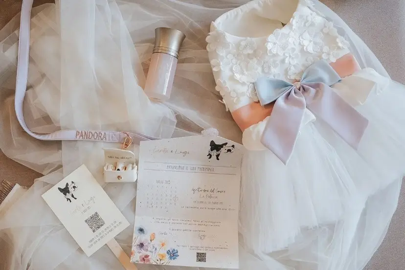Abito da matrimonio per bulldog francese con fiori ricamati, fiocco colori pastello e partecipazioni degli sposi