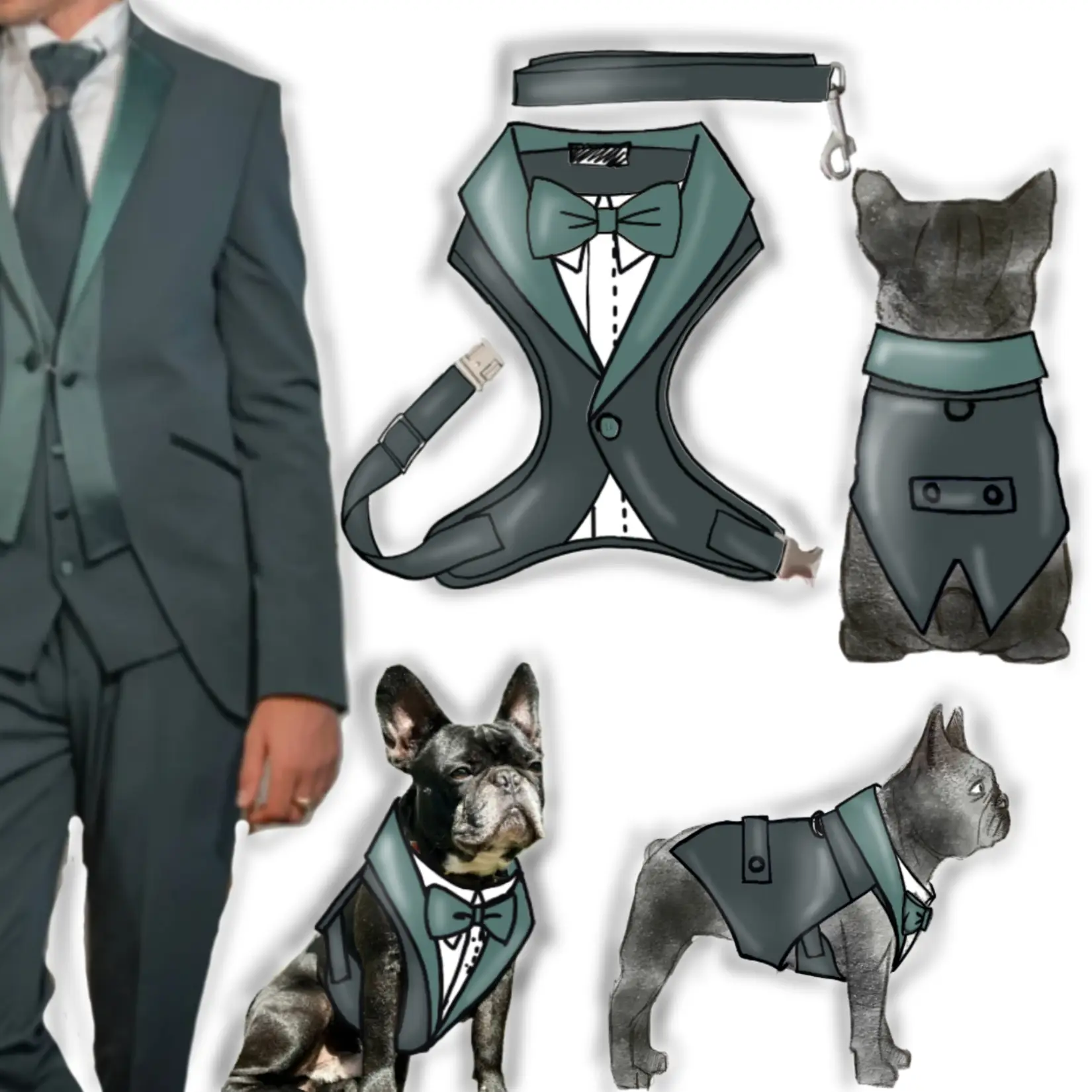 Render della pettorina smoking per bulldog francese coordinata all’abito verde petrolio dello sposo