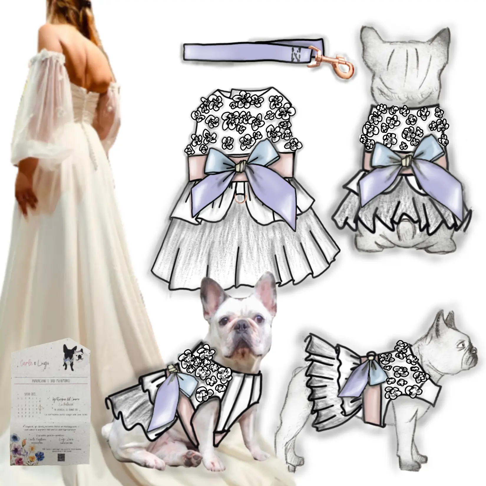 Render dell’abito per bulldog francese ispirato all’abito da sposa e ai colori pastello del matrimonio