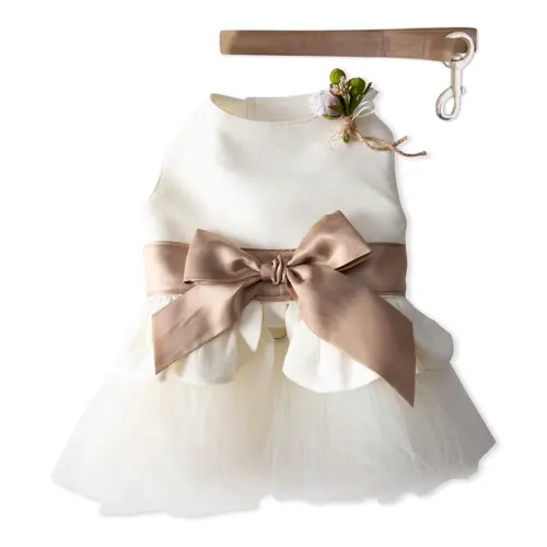 Conjunto coordinado para ceremonia canina compuesto por vestido y correa. El vestido es de color crema con un corpiño liso decorado con una florecita en el hombro y un vistoso fajín de satén oro rosa con un gran lazo en la cintura; la falda es de tul blanco en capas. Por encima del vestido se ve la correa a juego, de la misma cinta de satén dorado, con mosquetón de metal plateado.
