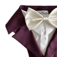 Détail du revers classique bordeaux et du nœud papillon en satin ivoire du harnais smoking pour chien