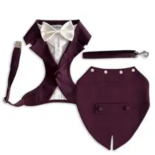 Traje esmoquin burdeos con correa para perros de boda y colas de esmoquin desmontables a juego